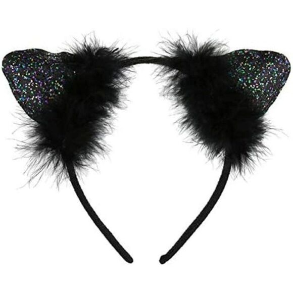 Sparkle Black Glitter Fuzzy Feathers Cat Ears Headband NWT - Picture 1 of 7